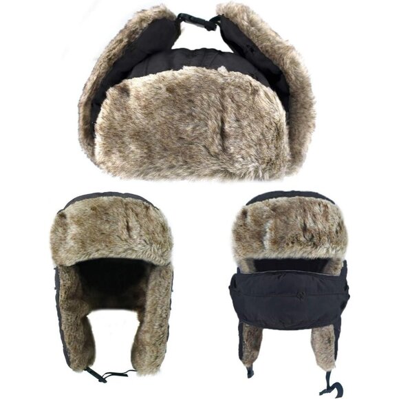 Men\'s Dark Black Trapper Hat, Winter Warm Trooper Hats with Ear Flaps and Mask